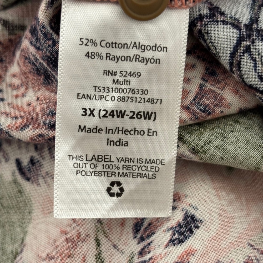 Work Casual Floral Button Front Blouse Cotton Blend 3X Side Slits Ruffle V-Neck‎ - Picture 6 of 10